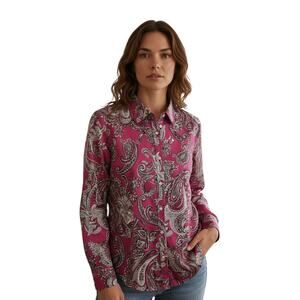 TALBOTS Women's 14 Blouse Paisley Pink Black Button Up Cotton Sateen Classic 40"